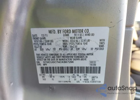 2012 Ford Escape Xls из США, поврежденный, VIN 1FMCU0C74CKB67296